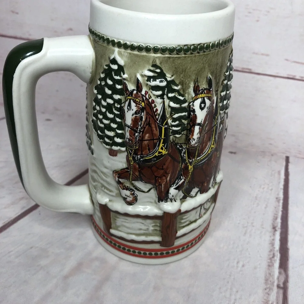 Vintage Budweiser Stein Mug Clydesdales Christmas Ceramarte‎ Snowy Winters Eve